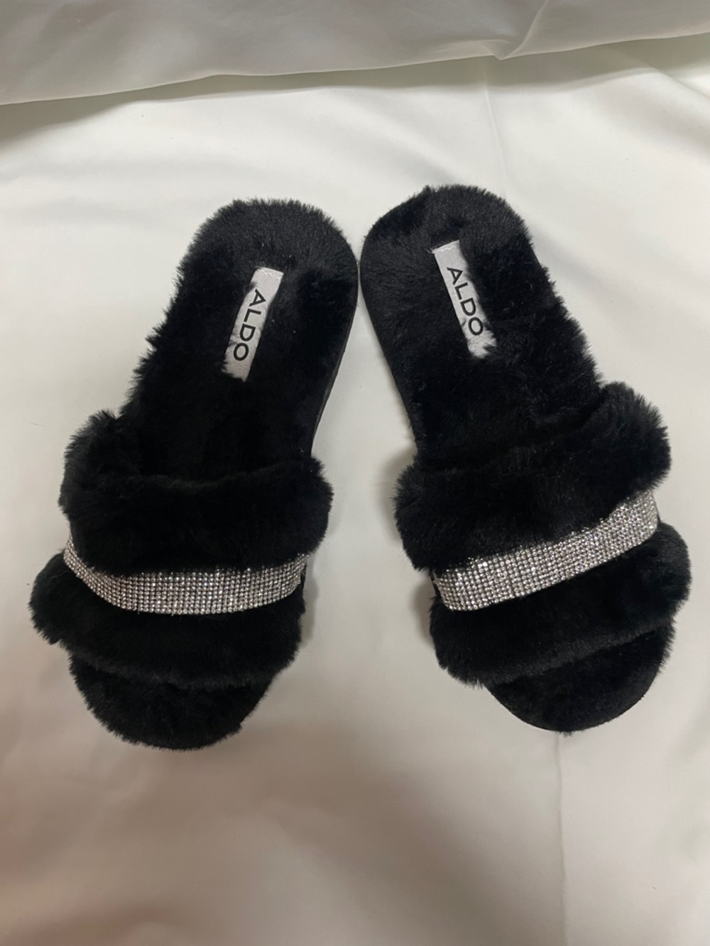 Aldo Black Faux Fur Slide Sandals with Rhinestone Band